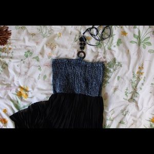 Faux denim smock maxi halter dress